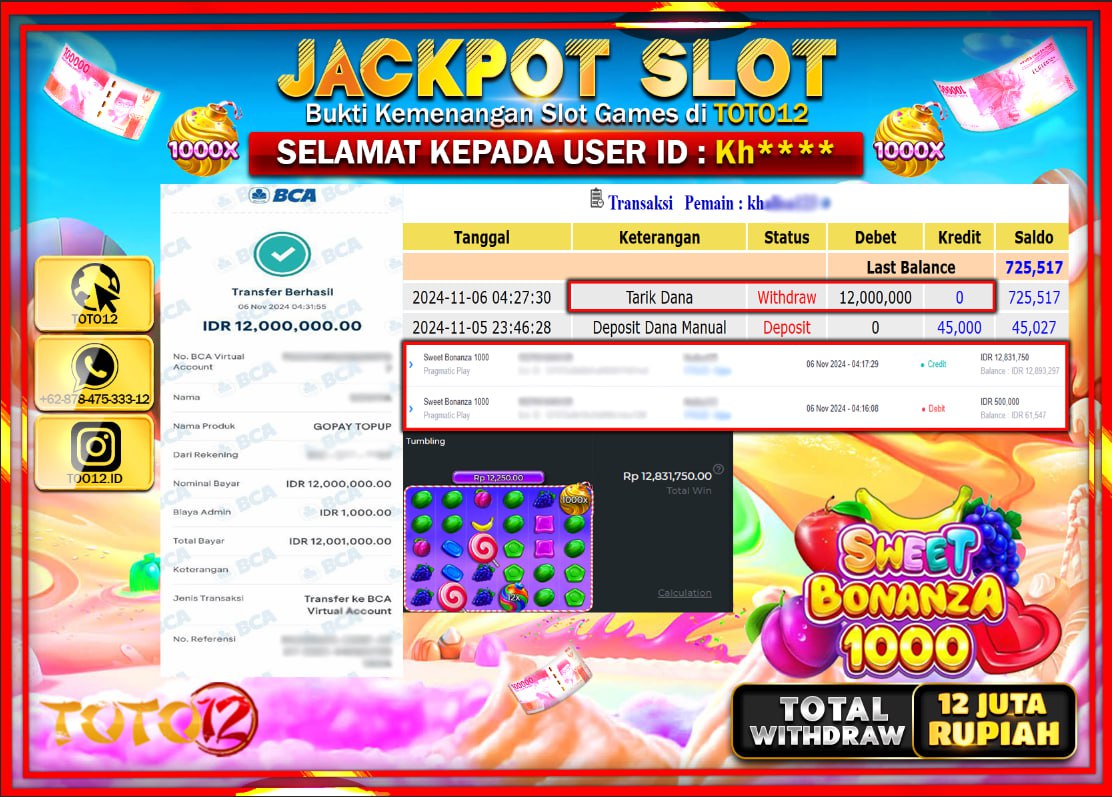 HANYA DI TOTO12 JP PASTI DI BAYAR LUNAS DAN CEPAT!!!!!! JACKPOT SLOT GAME (SWEET BONANZA 1000) Rp.12.000.000 !!!!