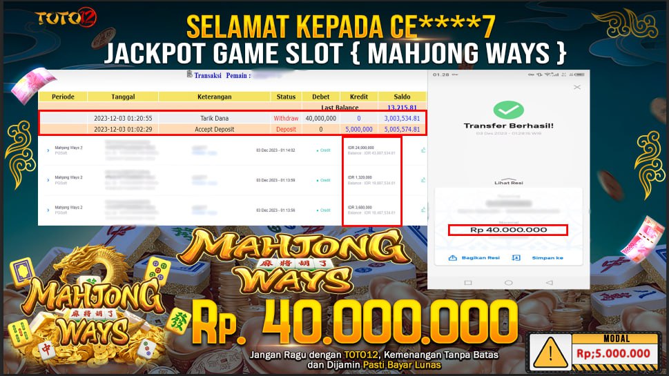 HANYA DI TOTO12 JP PASTI DI BAYAR LUNAS DAN CEPAT!!!!!! JP SLOT MAHJONG WAYS Rp.40,000,000 !!!!!!