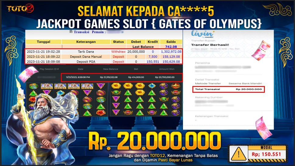 HANYA DI TOTO12 JP PASTI DI BAYAR LUNAS DAN CEPAT!!!!!! JP SLOT GATES OF OLYMPUS Rp.20,000,000 !!!!!!