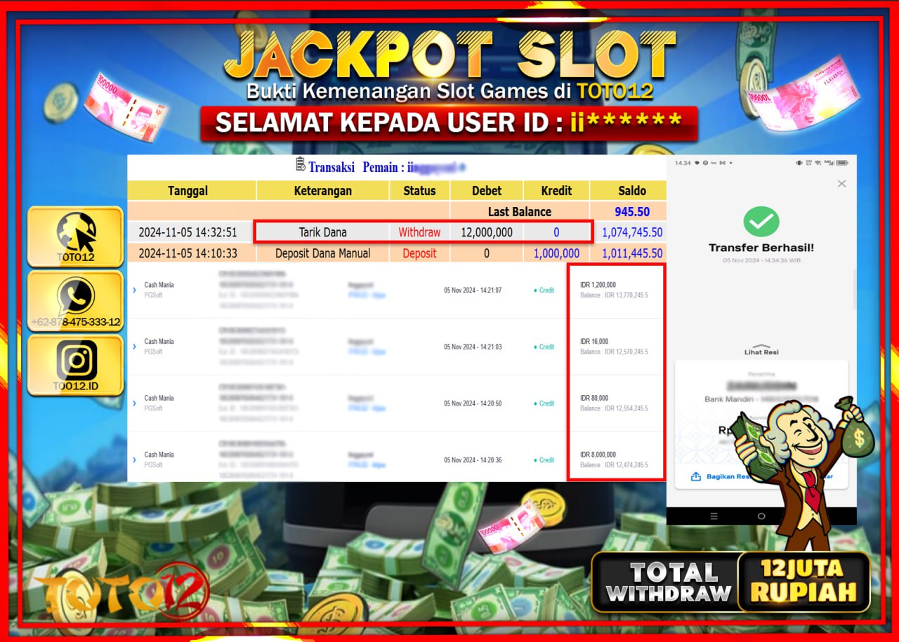 HANYA DI TOTO12 JP PASTI DI BAYAR LUNAS DAN CEPAT!!!!!! JACKPOT SLOT GAME (CASH MANIA) Rp.12.000.000 !!!!
