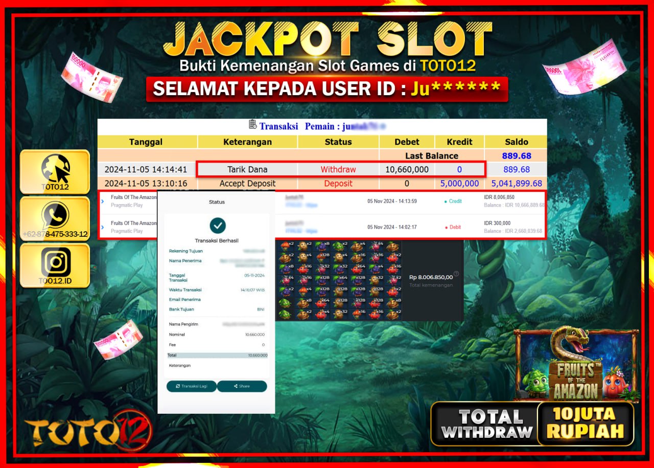 HANYA DI TOTO12 JP PASTI DI BAYAR LUNAS DAN CEPAT!!!!!! JACKPOT SLOT GAME (FRUITS OF THE AMAZON) Rp.10.000.000 !!!!