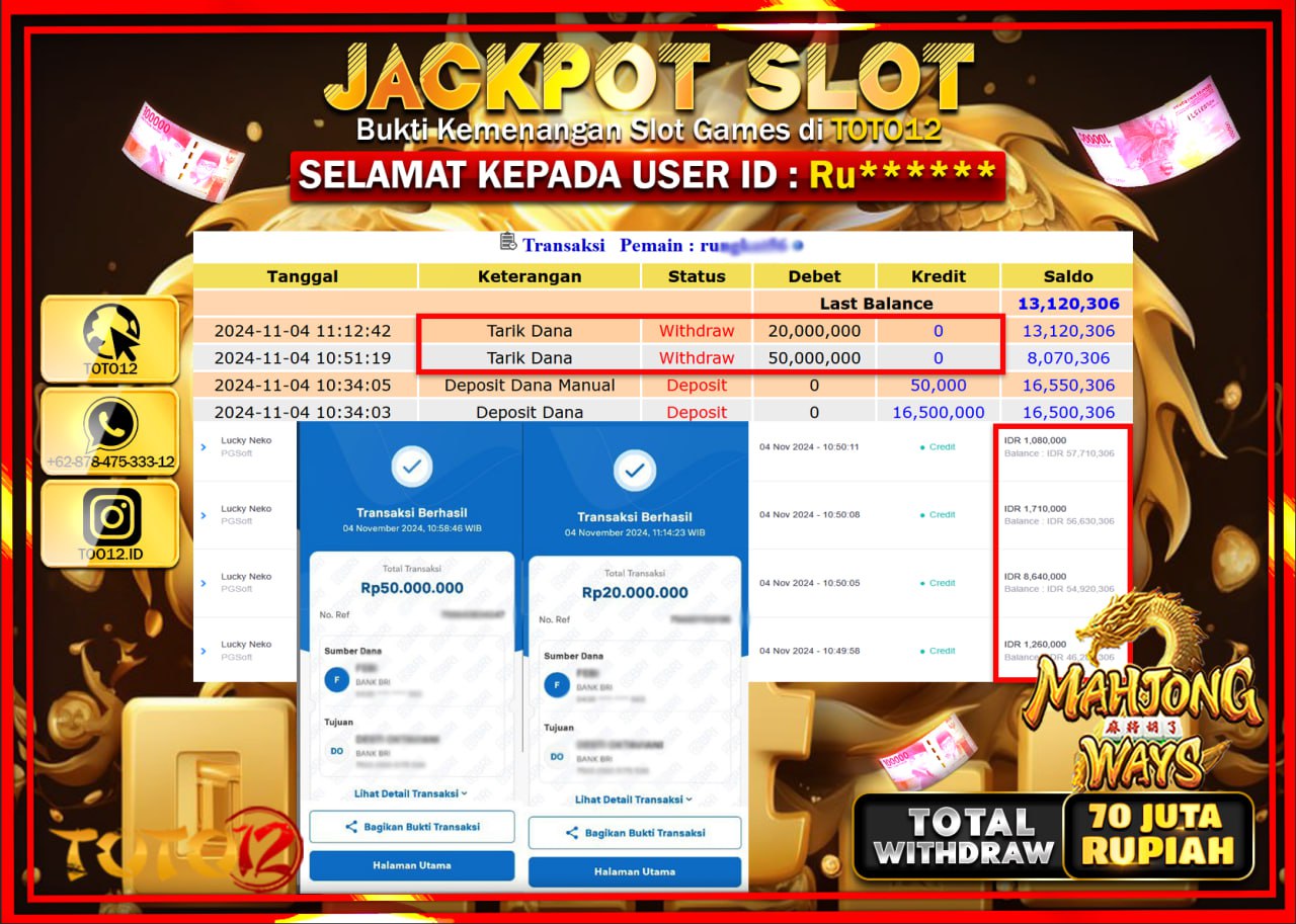 HANYA DI TOTO12 JP PASTI DI BAYAR LUNAS DAN CEPAT!!!!!! JACKPOT SLOT GAME (MAHJONG WAYS) Rp.70.000.000 !!!!