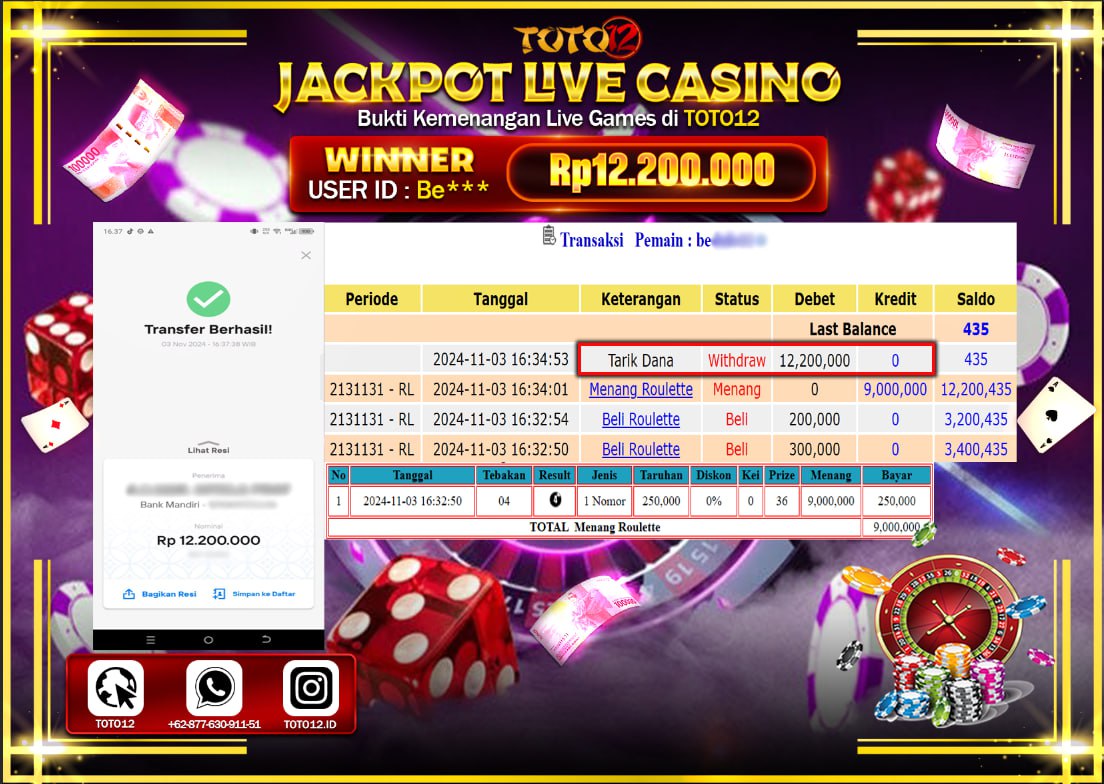  HANYA DI TOTO12 JP PASTI DI BAYAR LUNAS DAN CEPAT!!!!!! JACKPOT LIVE GEME CASINO (ROULETTE) Rp.12.200.000 !!!!