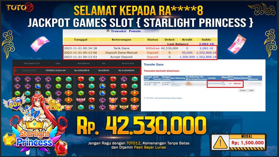 HANYA DI TOTO12 JP PASTI DI BAYAR LUNAS DAN CEPAT!!!!!! JP SLOT STARLIGHT PRINCESS Rp.42,530,000 !!!!!!