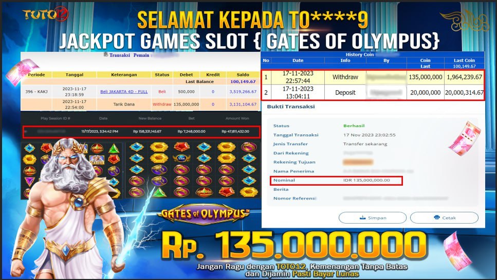 HANYA DI TOTO12 JP PASTI DI BAYAR LUNAS DAN CEPAT!!!!!! JP SLOT GATES OF OLYMPUS Rp.135,000,000 !!!!!!