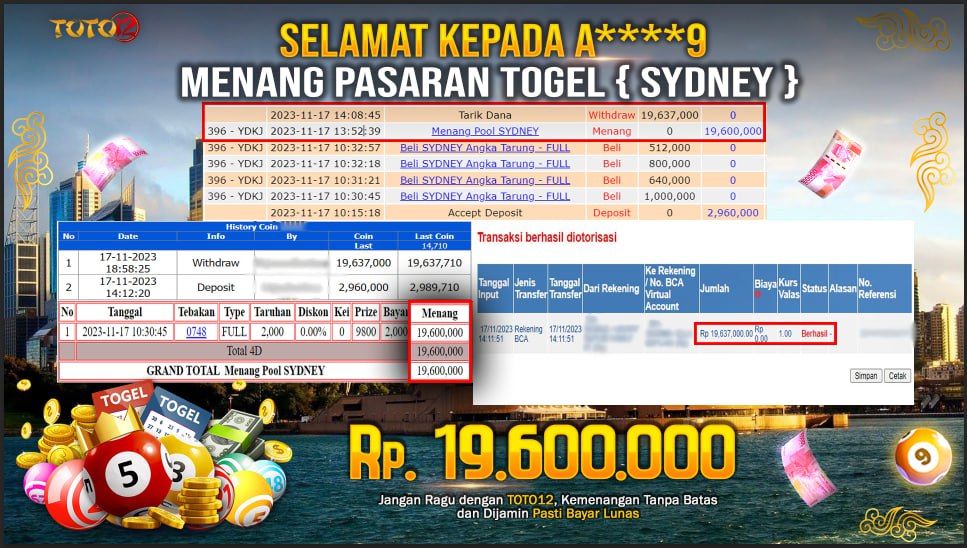 HANYA DI TOTO12 JP PASTI DI BAYAR LUNAS DAN CEPAT!!!!!! JP TOGEL SYDNEY Rp.19,600,000 !!!!!!