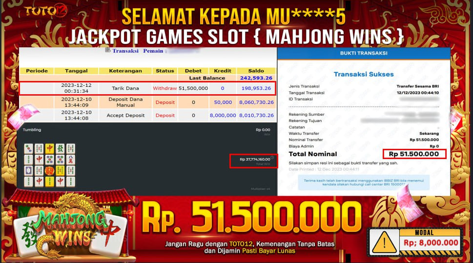 HANYA DI TOTO12 JP PASTI DI BAYAR LUNAS DAN CEPAT!!!!!! JP SLOT MAHJONG WINS Rp.51,500,000 !!!!!!