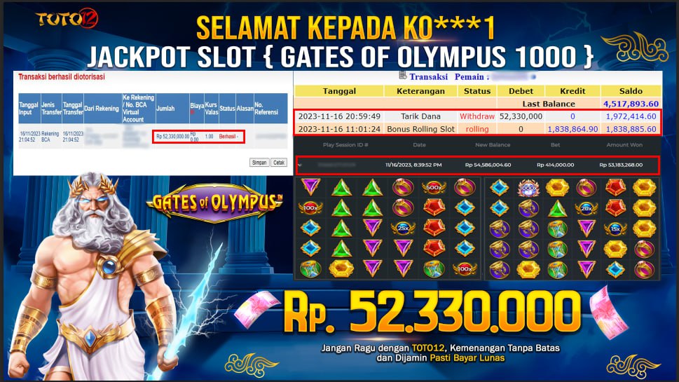 HANYA DI TOTO12 JP PASTI DI BAYAR LUNAS DAN CEPAT!!!!!! JP SLOT GATES OF OLYMPUS 1000 Rp.52,330,000 !!!!!!