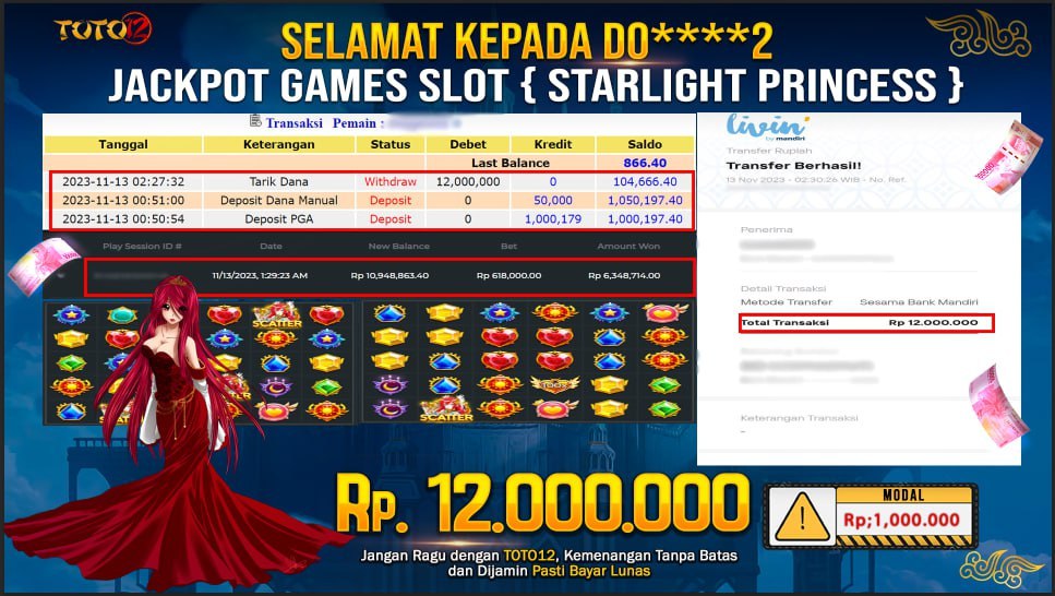 HANYA DI TOTO12 JP PASTI DI BAYAR LUNAS DAN CEPAT!!!!!! JP SLOT STARLIGHT PRINCESS Rp.12,000,000 !!!!!!