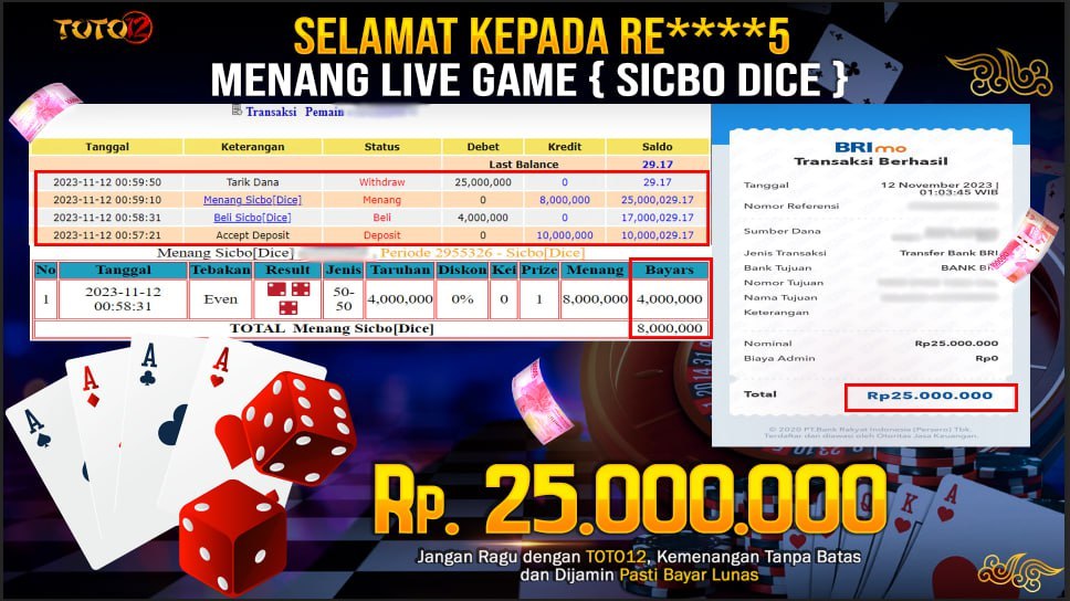 HANYA DI TOTO12 JP PASTI DI BAYAR LUNAS DAN CEPAT!!!!!! JP LIVE GAME SICBO DICE Rp.25,000,000 !!!!!!