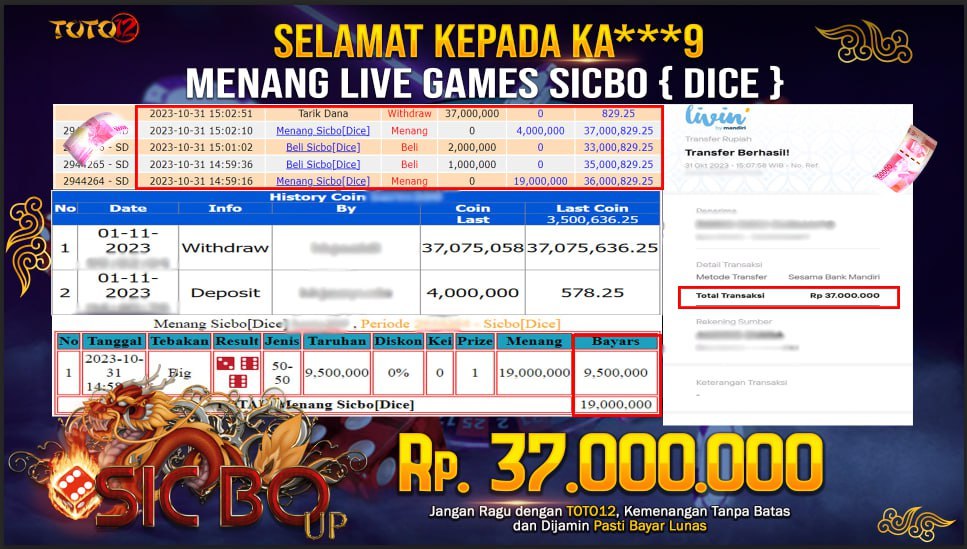 HANYA DI TOTO12 JP PASTI DI BAYAR LUNAS DAN CEPAT!!!!!! JP LIVE GAMES SICBO DICE Rp37,000,000 !!!!!!