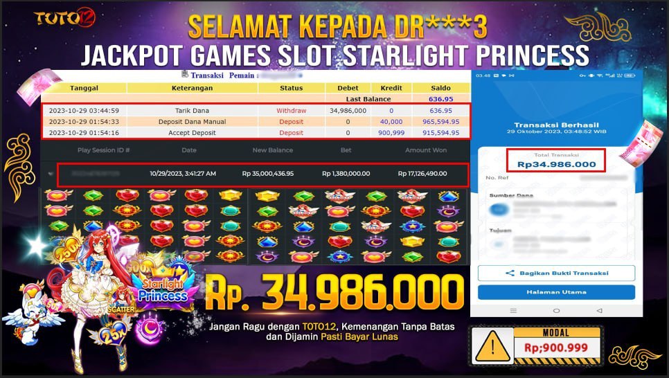 HANYA DI TOTO12 JP PASTI DI BAYAR LUNAS DAN CEPAT!!!!!! JP SLOT STARLIGHT PRINCESS Rp 34,986,000 !!!!!!
