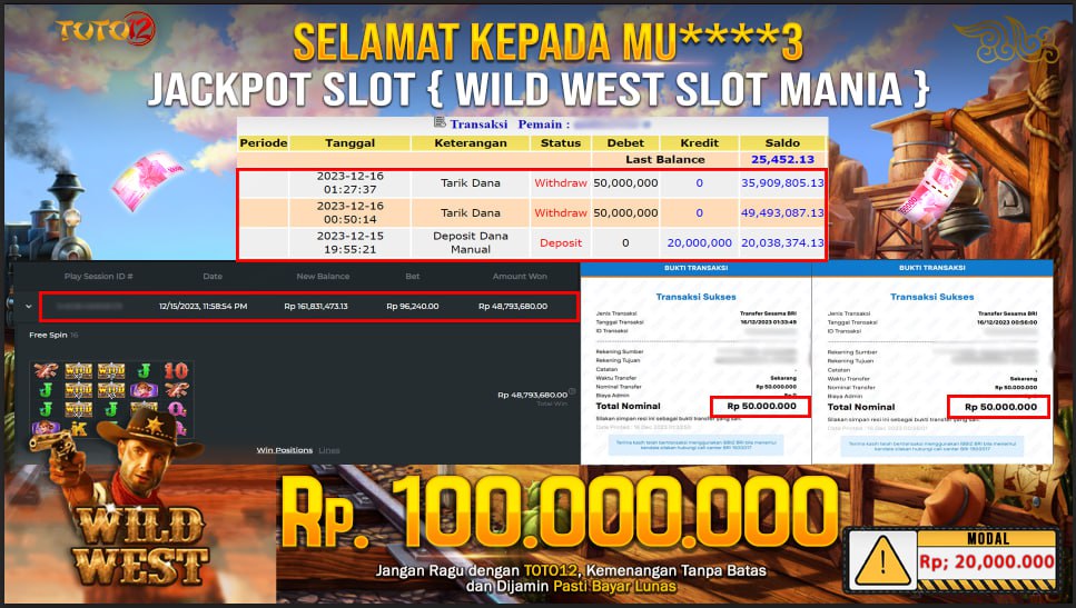 HANYA DI TOTO12 JP PASTI DI BAYAR LUNAS DAN CEPAT!!!!!! JP SLOT WILD WEST SLOT MANIA Rp.100.000.000 !!!!!!