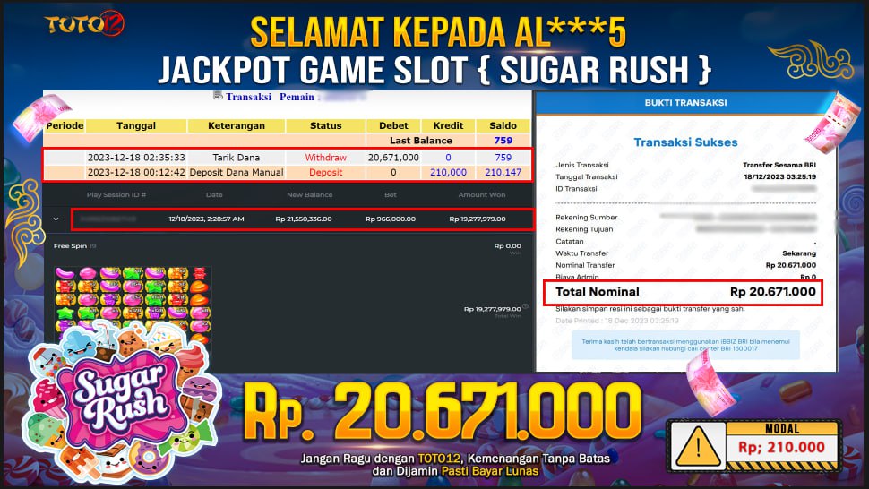 HANYA DI TOTO12 JP PASTI DI BAYAR LUNAS DAN CEPAT!!!!!! JP GAME SLOT SUGAR RUSH Rp.20.671.000 !!!!!!