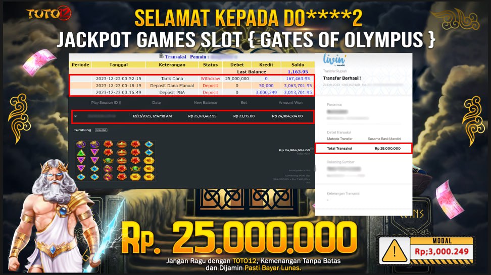 HANYA DI TOTO12 JP PASTI DI BAYAR LUNAS DAN CEPAT!!!!!! JP GAME SLOT { GATES OF OLYMPUS } Rp.25.000.000 !!!!!
