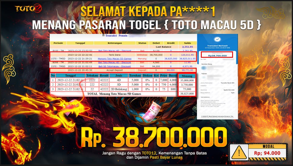 HANYA DI TOTO12 JP PASTI DI BAYAR LUNAS DAN CEPAT!!!!!! MENANG PASARAN TOGEL { TOTO MACAU }  Rp.38.700.000 !!!!!