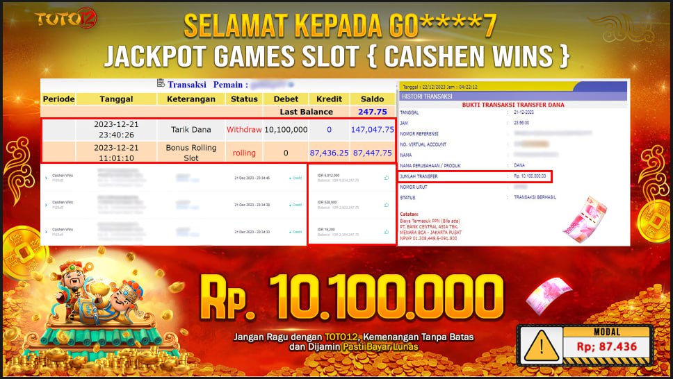 HANYA DI TOTO12 JP PASTI DI BAYAR LUNAS DAN CEPAT!!!!!! JP GAME SLOT { CAISHEN WINS } Rp.10.100.000 !!!!!