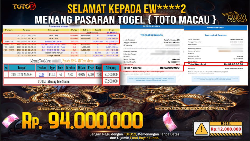 HANYA DI TOTO12 JP PASTI DI BAYAR LUNAS DAN CEPAT!!!!!! MENANG PASARAN TOGEL { TOTO MACAU }  Rp.94.000.000 !!!!!