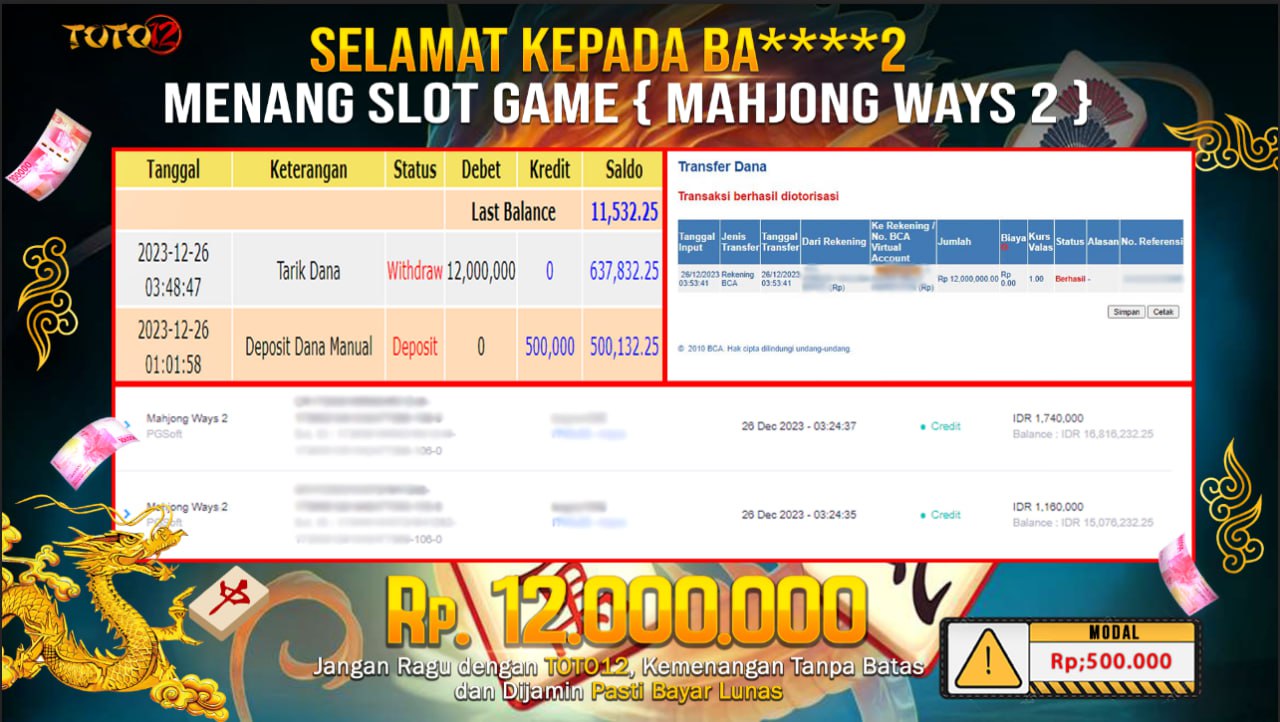 HANYA DI TOTO12 JP PASTI DI BAYAR LUNAS DAN CEPAT!!!!!! JP GAME SLOT { MAHJONG WAYS 2 } Rp.12.000.000 !!!!!