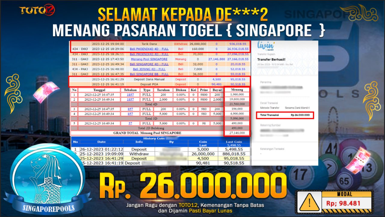 HANYA DI TOTO12 JP PASTI DI BAYAR LUNAS DAN CEPAT!!!!!! MENANG PASARAN TOGEL { SINGAPORE }  Rp.26.000.000 !!!!!