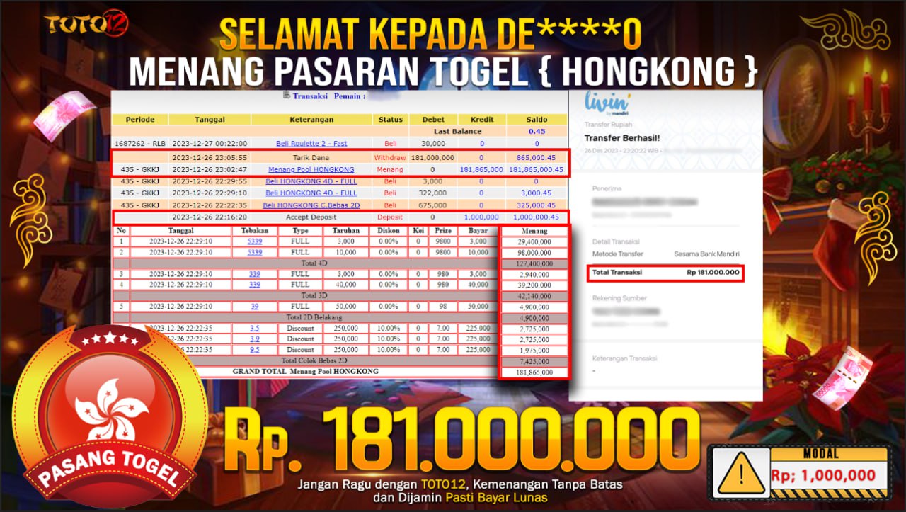 HANYA DI TOTO12 JP PASTI DI BAYAR LUNAS DAN CEPAT!!!!!! MENANG PASARAN TOGEL { HONGKONG }  Rp.181.000.000 !!!!!