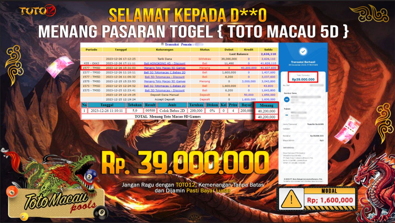HANYA DI TOTO12 JP PASTI DI BAYAR LUNAS DAN CEPAT!!!!!! MENANG PASARAN TOGEL { TOTO MACAU 5D }  Rp.39.000.000 !!!!!