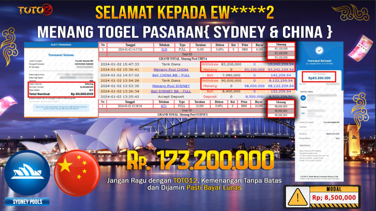 HANYA DI TOTO12 JP PASTI DI BAYAR LUNAS DAN CEPAT!!!!!! MENANG PASARAN TOGEL { SYDNEY & CHINA }  Rp.173.200.000 !!!!!