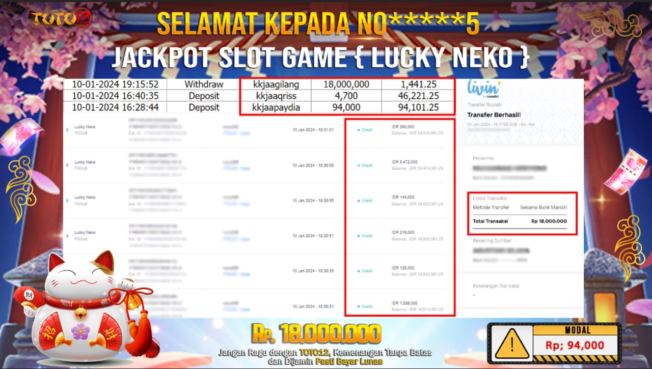 HANYA DI TOTO12 JP PASTI DI BAYAR LUNAS DAN CEPAT!!!!!! JP GAME SLOT { LUCKY NEKO } Rp.18.000.000 !!!!!