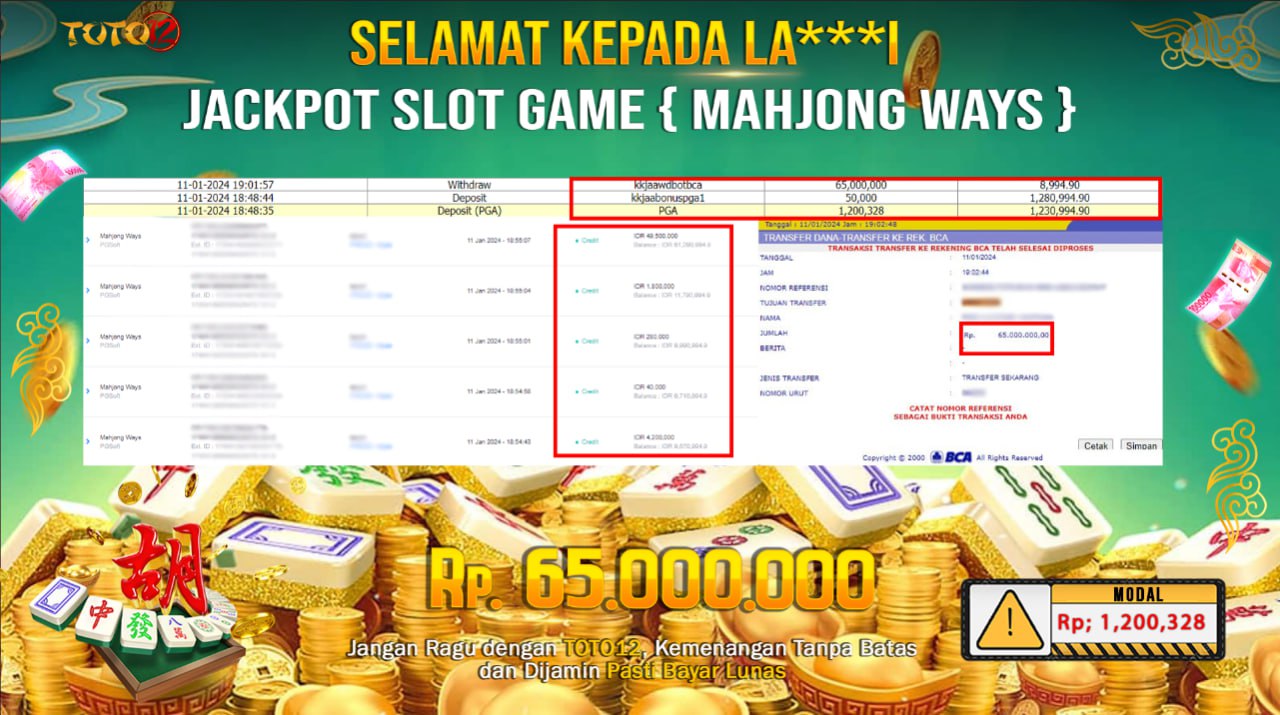 HANYA DI TOTO12 JP PASTI DI BAYAR LUNAS DAN CEPAT!!!!!! JP GAME SLOT { MAHJONG WAYS } Rp.65.000.000 !!!!!