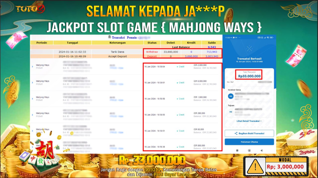 HANYA DI TOTO12 JP PASTI DI BAYAR LUNAS DAN CEPAT!!!!!! JP GAME SLOT { MAHJONG WAYS } Rp.33.000.000 !!!!!