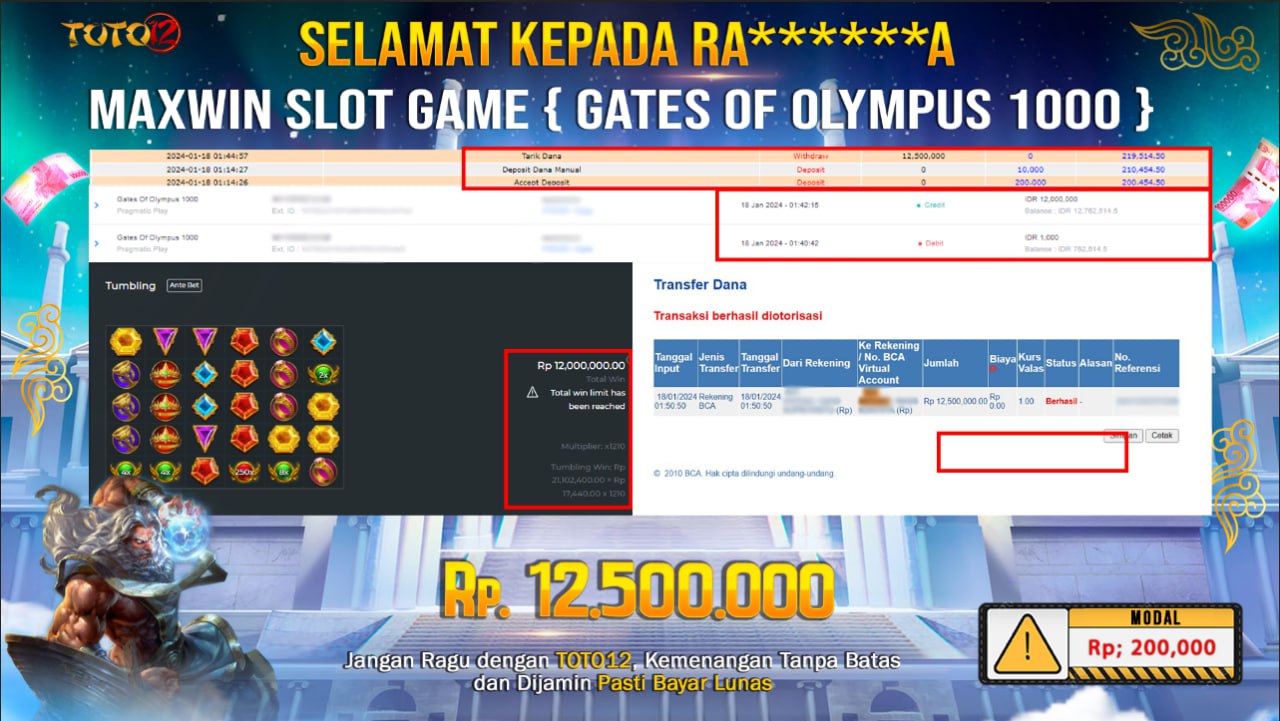 HANYA DI TOTO12 JP PASTI DI BAYAR LUNAS DAN CEPAT!!!!!! MAXWIN SLOT GAME { GATES OF OLYMPUS 1000 } Rp.12.500.000 !!!!!