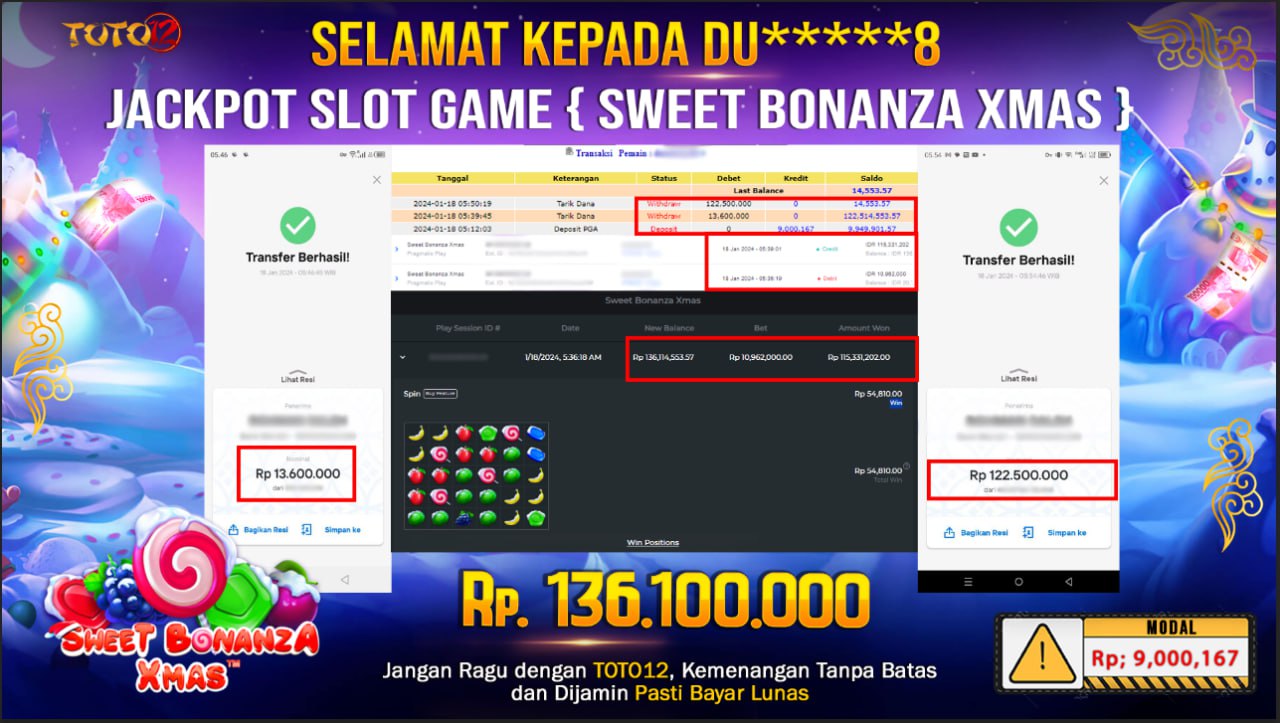 HANYA DI TOTO12 JP PASTI DI BAYAR LUNAS DAN CEPAT!!!!!! JP SLOT GAME { SWEET BONANZA XMAS } Rp.136.100.000 !!!!!