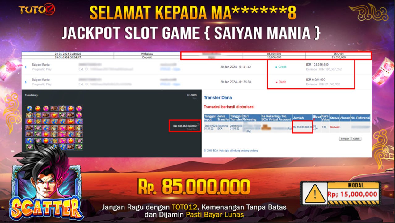 HANYA DI TOTO12 JP PASTI DI BAYAR LUNAS DAN CEPAT!!!!!! JP SLOT GAME { SAIYAN MANIA } Rp.85.000.000 !!!!!