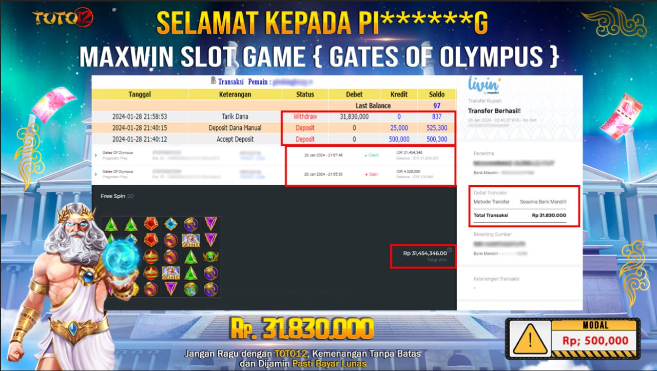 HANYA DI TOTO12 JP PASTI DI BAYAR LUNAS DAN CEPAT!!!!!! JACKPOT SLOT GAME { GATES OF OLYMPUS } Rp.31.830.000 !!!!!