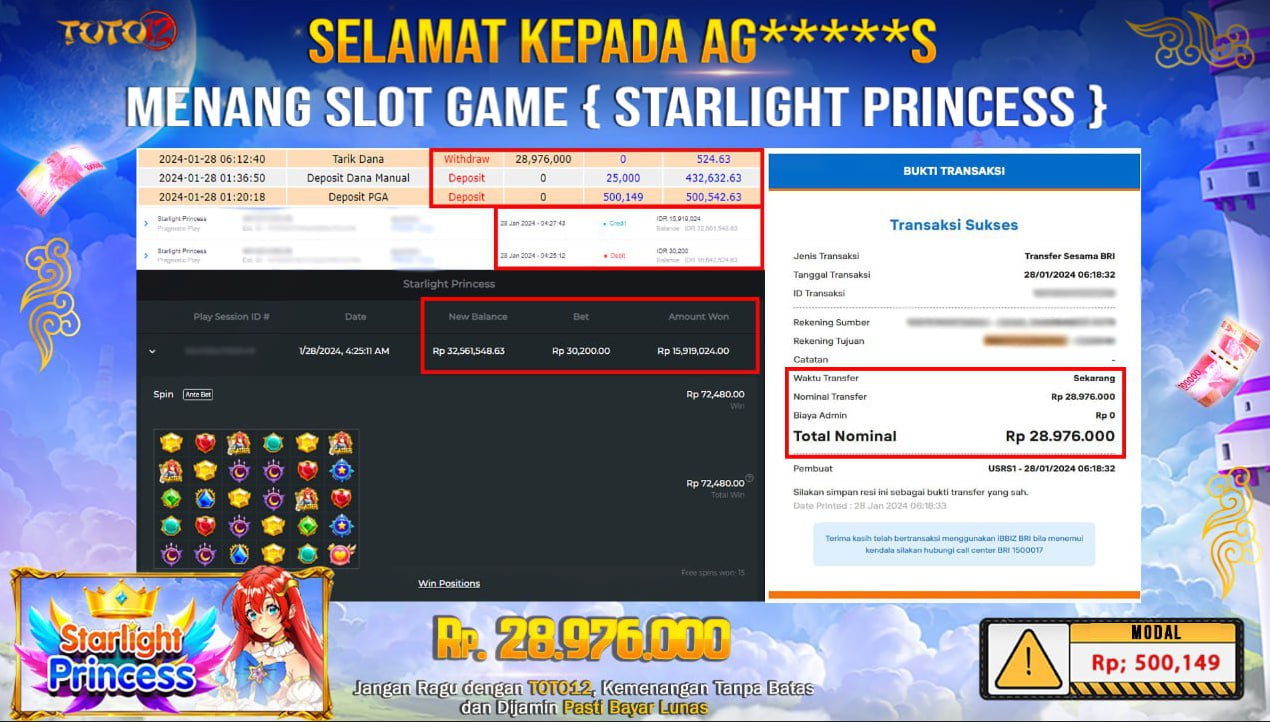 HANYA DI TOTO12 JP PASTI DI BAYAR LUNAS DAN CEPAT!!!!!! JP SLOT GAME { STARLIGHT PRINCES } Rp.28.976.000 !!!!!