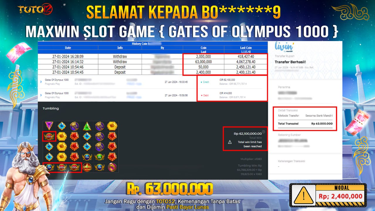 HANYA DI TOTO12 JP PASTI DI BAYAR LUNAS DAN CEPAT!!!!!! JACKPOT SLOT GAME { GATES OF OLYMPUS 1000 } Rp.63.000.000 !!!!!