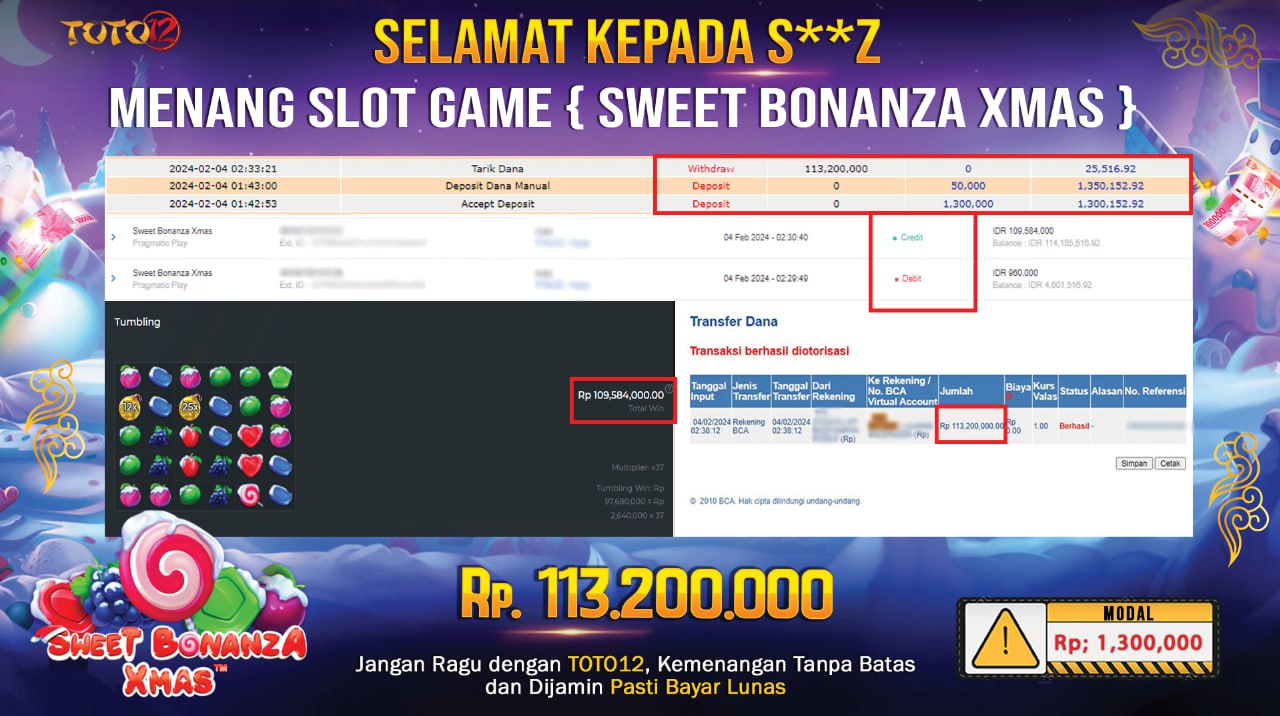 HANYA DI TOTO12 JP PASTI DI BAYAR LUNAS DAN CEPAT!!!!!! JACKPOT SLOT GAME { SWEET BONANZA XMAS } Rp.113.200.000 !!!!!
