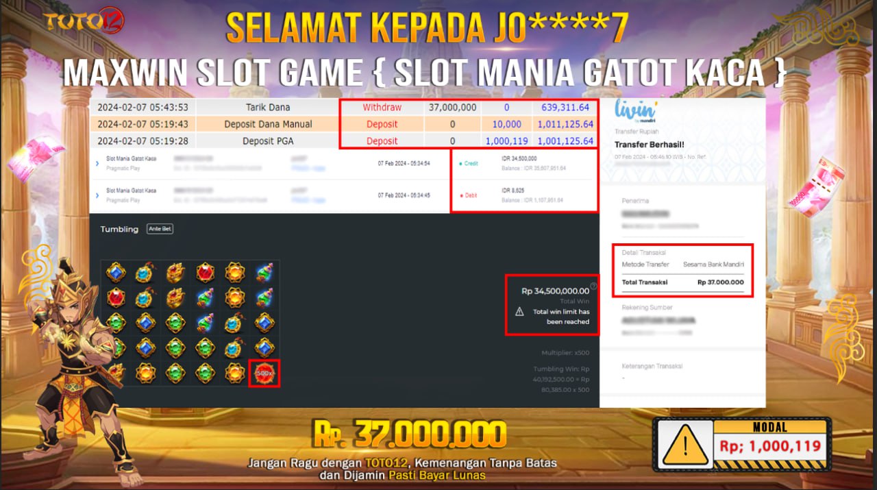HANYA DI TOTO12 JP PASTI DI BAYAR LUNAS DAN CEPAT!!!!!! JP SLOT GAME { SLOT MANIA GATOT KACA } Rp.37.000.000 !!!!!