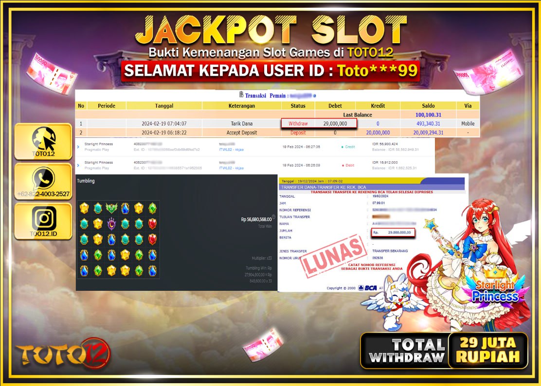 HANYA DI TOTO12 JP PASTI DI BAYAR LUNAS DAN CEPAT!!!!!! JACKPOT POOLS MENANG SLOT GAME  { STARLIGHT PRINCES } Rp.29.000.000 !!!!!