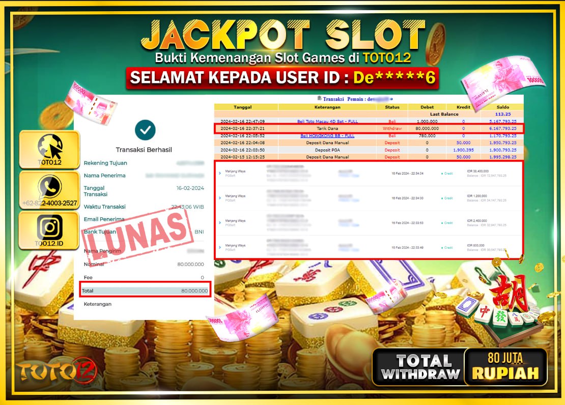 HANYA DI TOTO12 JP PASTI DI BAYAR LUNAS DAN CEPAT!!!!!! JACKPOT POOLS MENANG SLOT GAME  { MAHJONG WAYS } Rp.80.000.000 !!!!!
