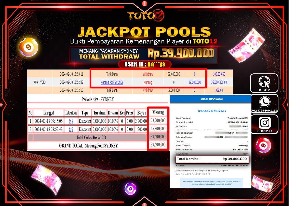 HANYA DI TOTO12 JP PASTI DI BAYAR LUNAS DAN CEPAT!!!!!! JACKPOT POOLS MENANG PASARAN  { SYDNEY } Rp.39.400.000 !!!!!