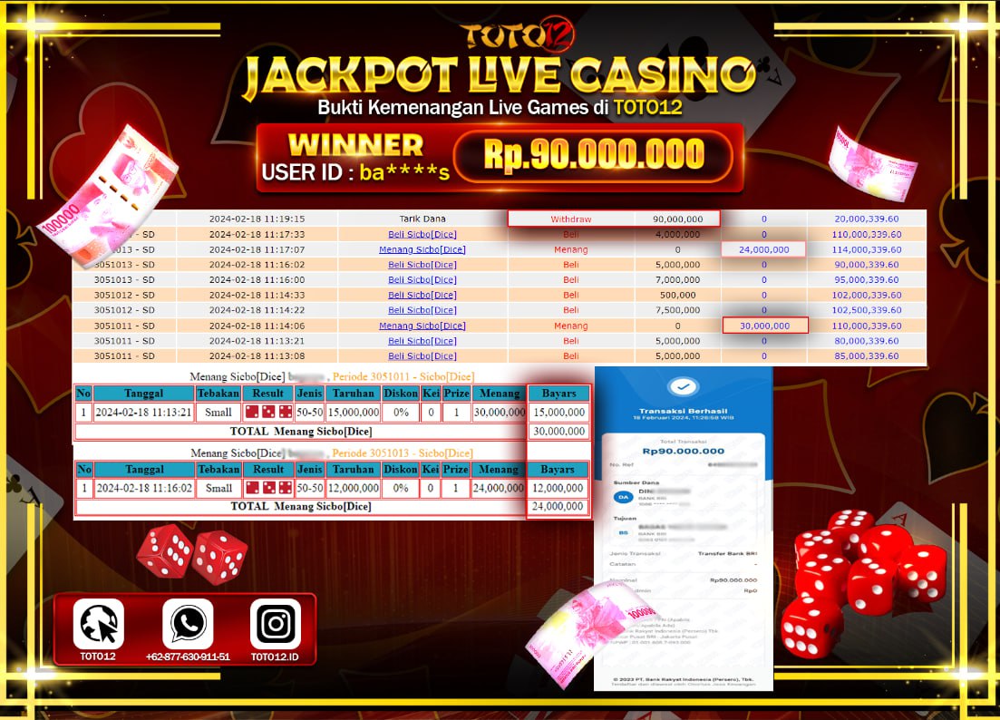 HANYA DI TOTO12 JP PASTI DI BAYAR LUNAS DAN CEPAT!!!!!! JACKPOT LIVE CASINO GAME { SICBO [ DICE ] } Rp.90.000.000 !!!!!