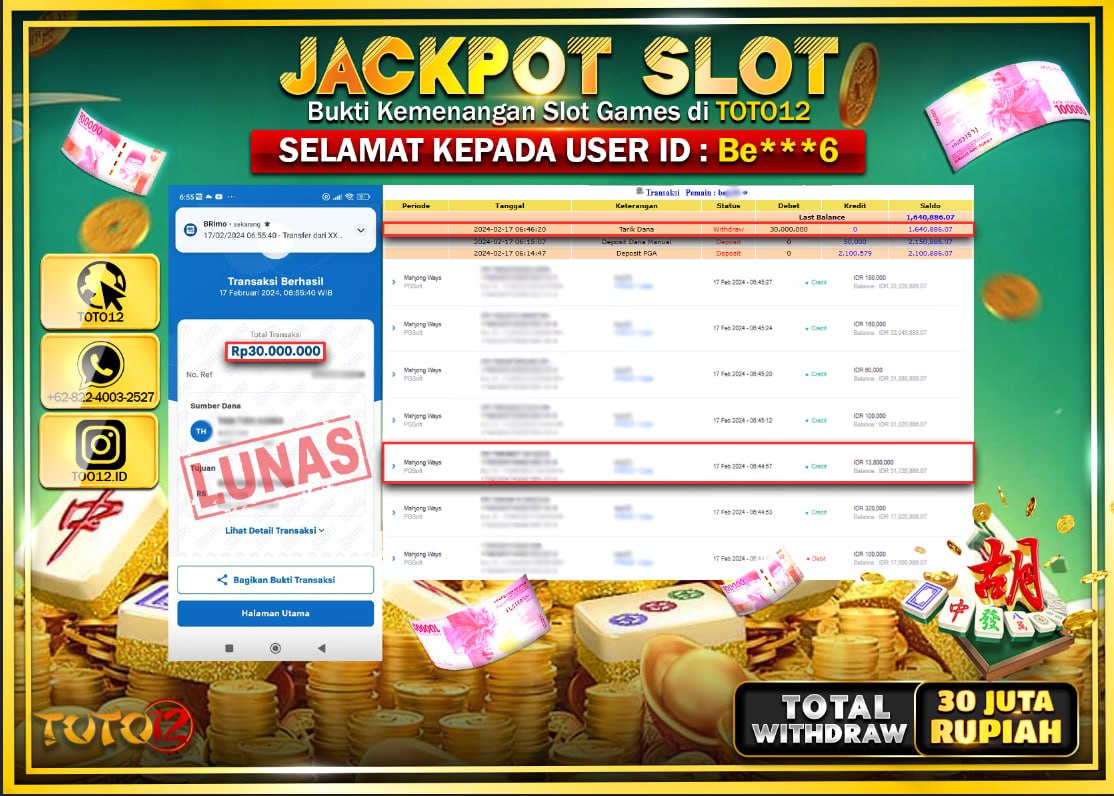 HANYA DI TOTO12 JP PASTI DI BAYAR LUNAS DAN CEPAT!!!!!! JACKPOT POOLS MENANG SLOT GAME { MAHJONG WAYS } Rp.30.000.000 !!!!!