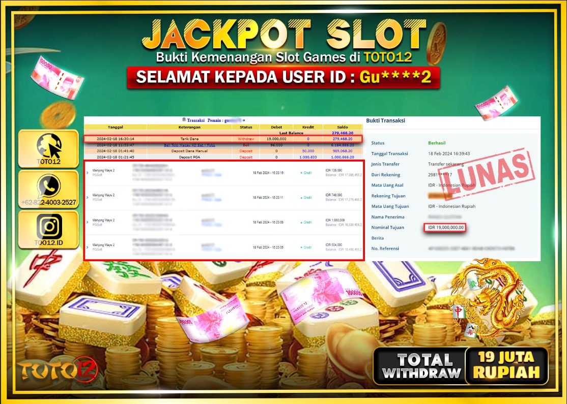 HANYA DI TOTO12 JP PASTI DI BAYAR LUNAS DAN CEPAT!!!!!! JACKPOT POOLS MENANG SLOT GAME { MAHJONG WAYS 2 } Rp.19.000.000 !!!!!