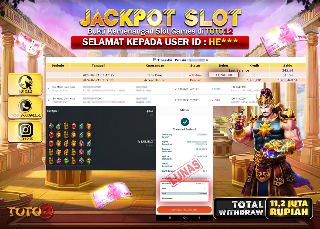 HANYA DI TOTO12 JP PASTI DI BAYAR LUNAS DAN CEPAT!!!!!! JACKPOT POOLS MENANG SLOT GAME { SLOT MANIA GATOT KACA } Rp.14.200.000 !!!!!