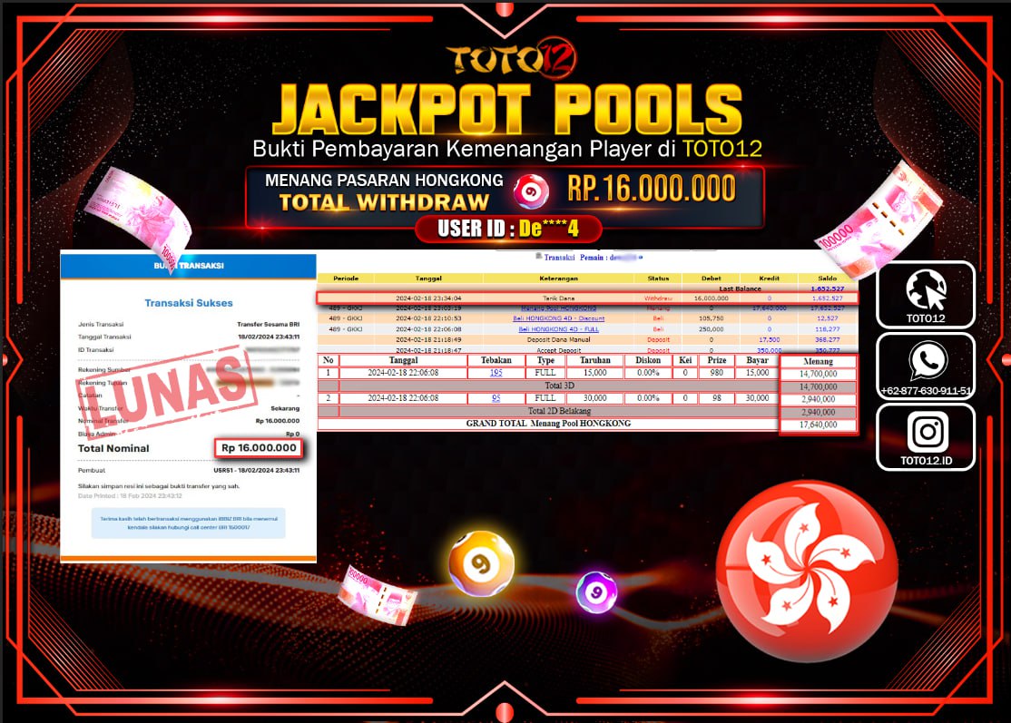 HANYA DI TOTO12 JP PASTI DI BAYAR LUNAS DAN CEPAT!!!!!! JACKPOT POOLS MENANG PASARAN { HONGKONG } Rp.16.000.000 !!!!!