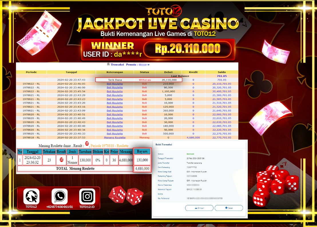 HANYA DI TOTO12 JP PASTI DI BAYAR LUNAS DAN CEPAT!!!!!! JACKPOT LIVE CASINO GAME { ROULETTE } Rp.20.110.000 !!!!!