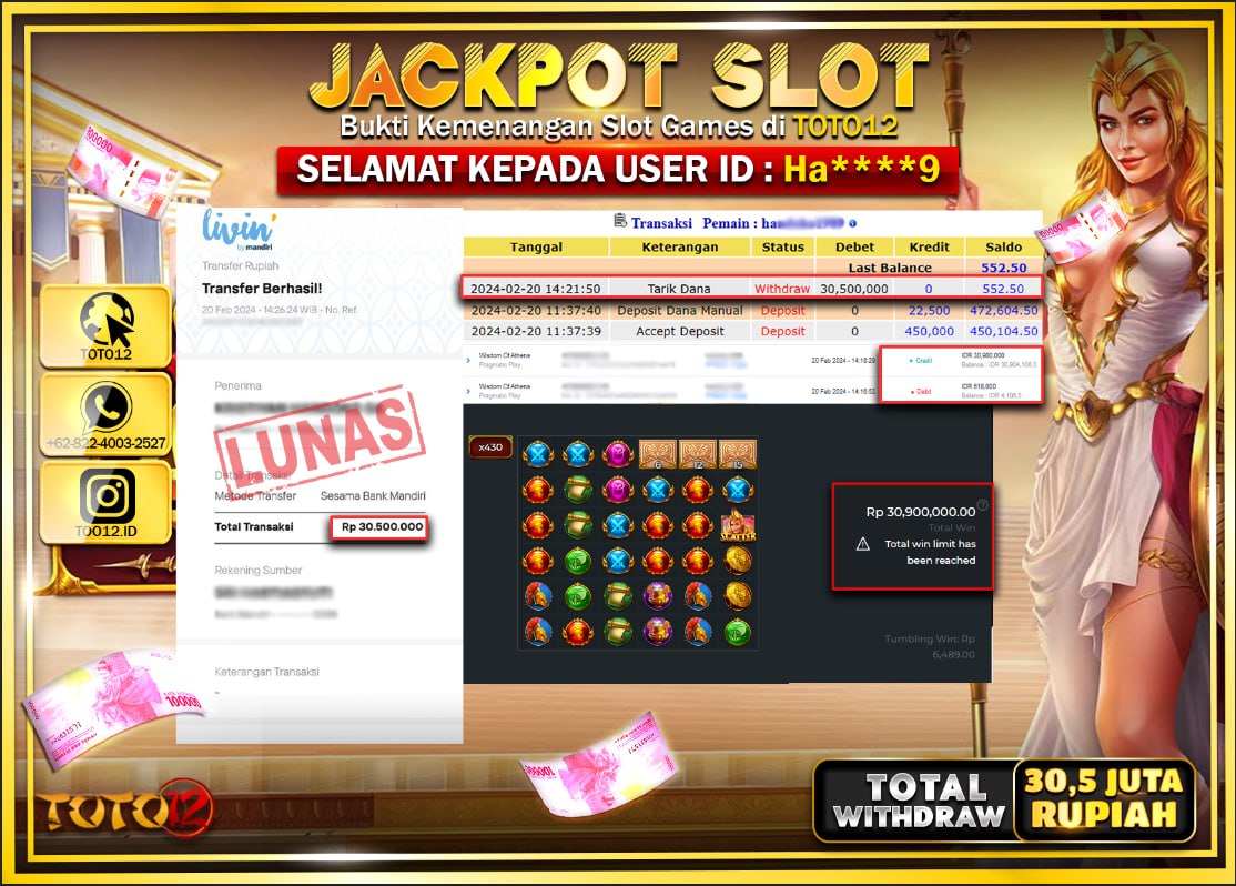 HANYA DI TOTO12 JP PASTI DI BAYAR LUNAS DAN CEPAT!!!!!! JACKPOT POOLS MENANG SLOT GAME { WISDOM OF ATHENA } Rp.30.500.000 !!!!!