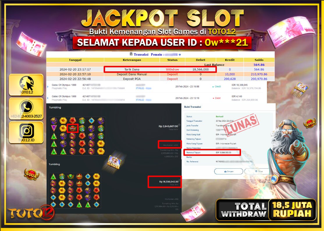 HANYA DI TOTO12 JP PASTI DI BAYAR LUNAS DAN CEPAT!!!!!! JACKPOT POOLS MENANG SLOT GAME  { GATES OF OLYMPUS 1000 } Rp.18.500.000 !!!!!