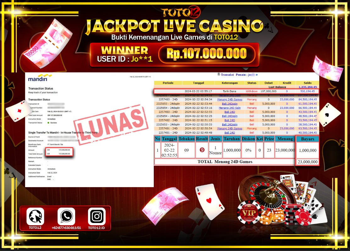 HANYA DI TOTO12 JP PASTI DI BAYAR LUNAS DAN CEPAT!!!!!! JACKPOT LIVE CASINO GAME { 24 D } Rp.107.000.000 !!!!!